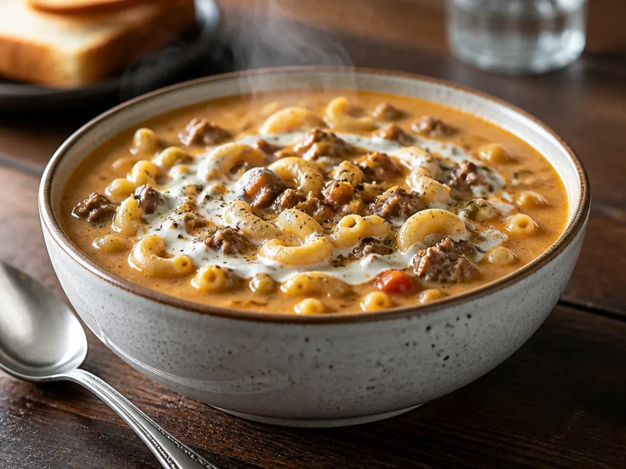 Diner-style cheeseburger macaroni soup with a squeeze of mustard on top