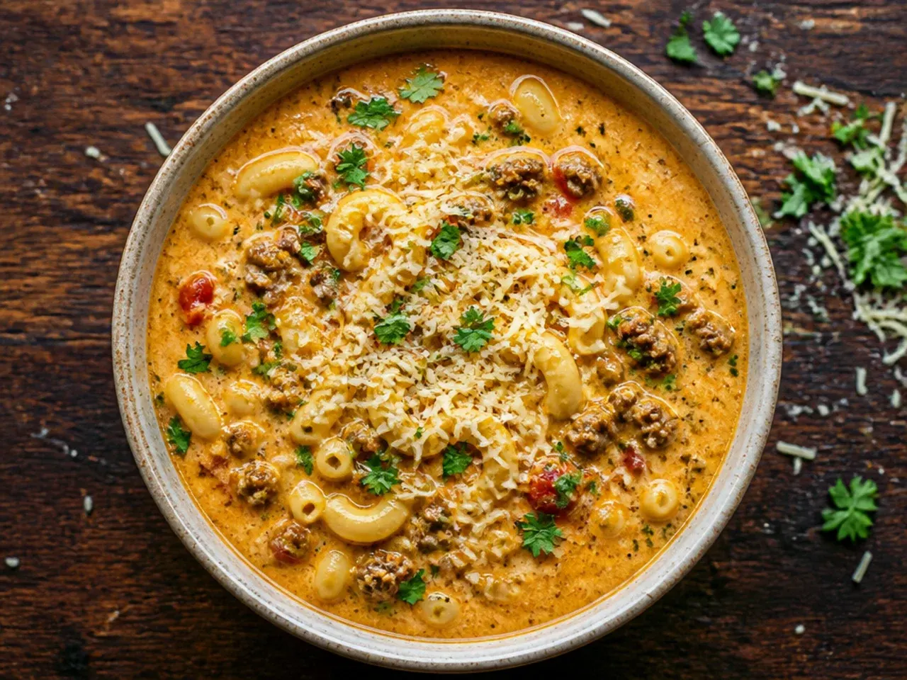 Ground turkey cheeseburger macaroni soup in a light-coloured bowl