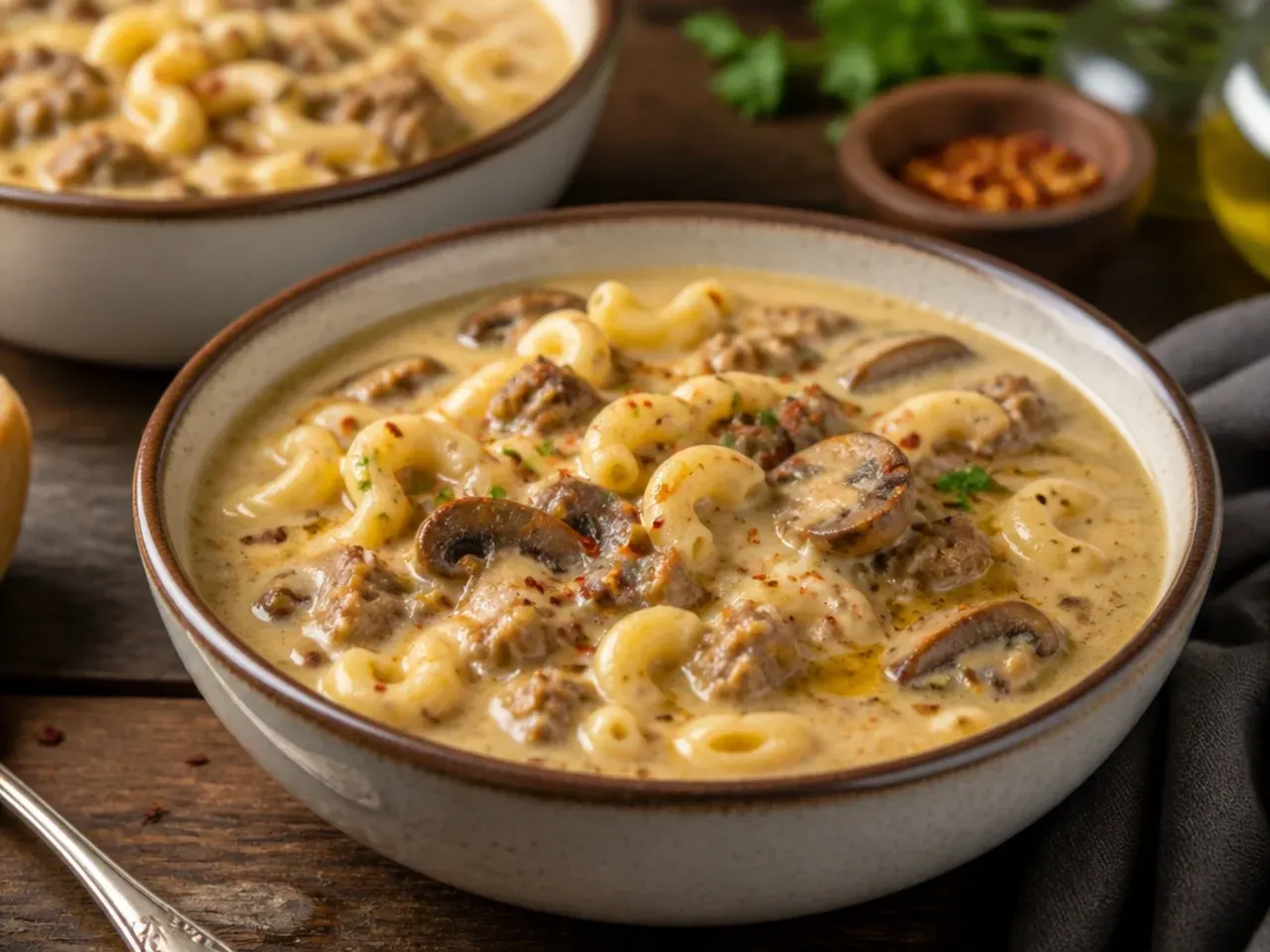 Mushroom swiss cheeseburger macaroni soup with sliced mushrooms on top