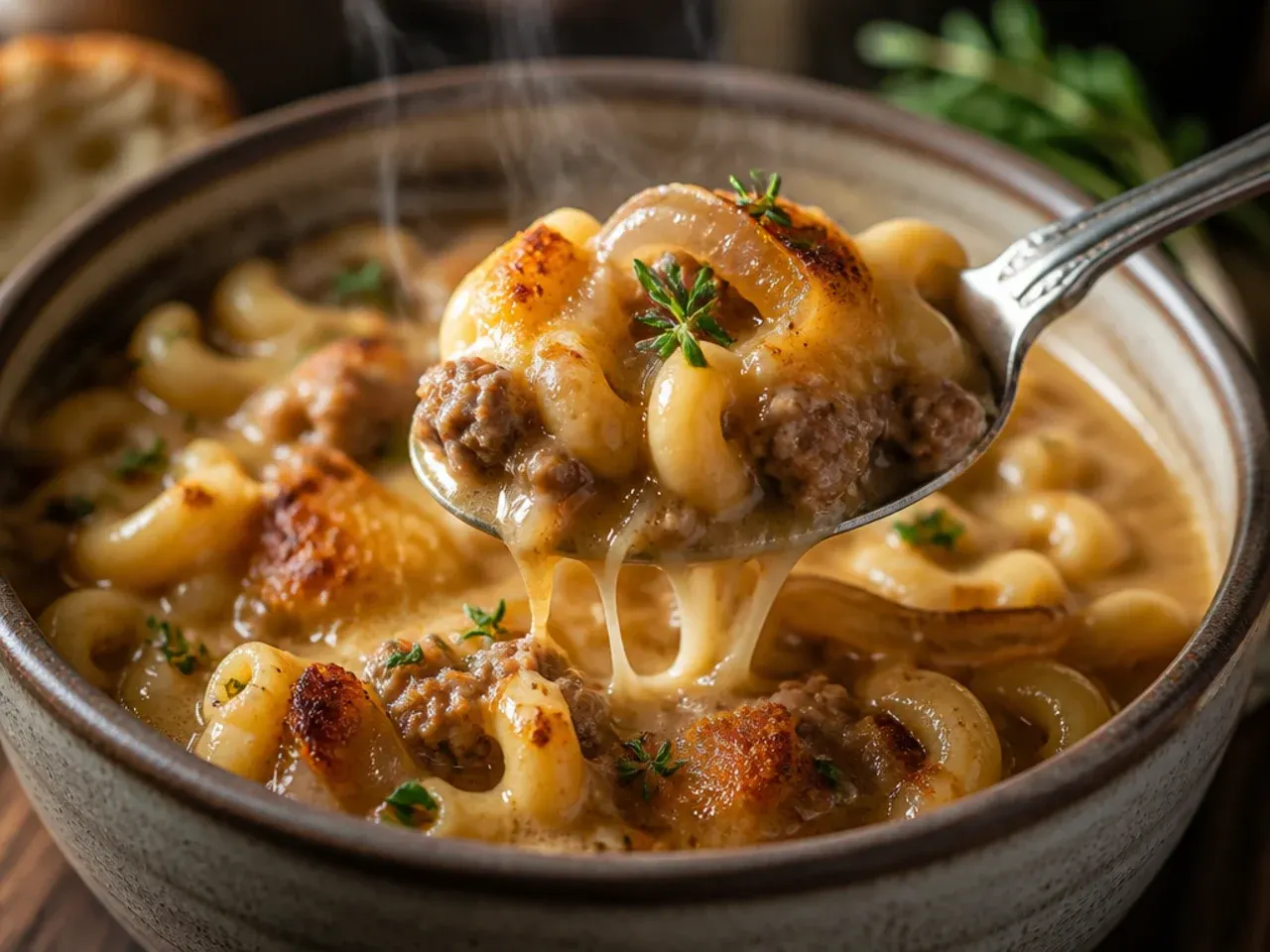 French onion cheeseburger macaroni soup topped with toasted baguette and melted Gruyere