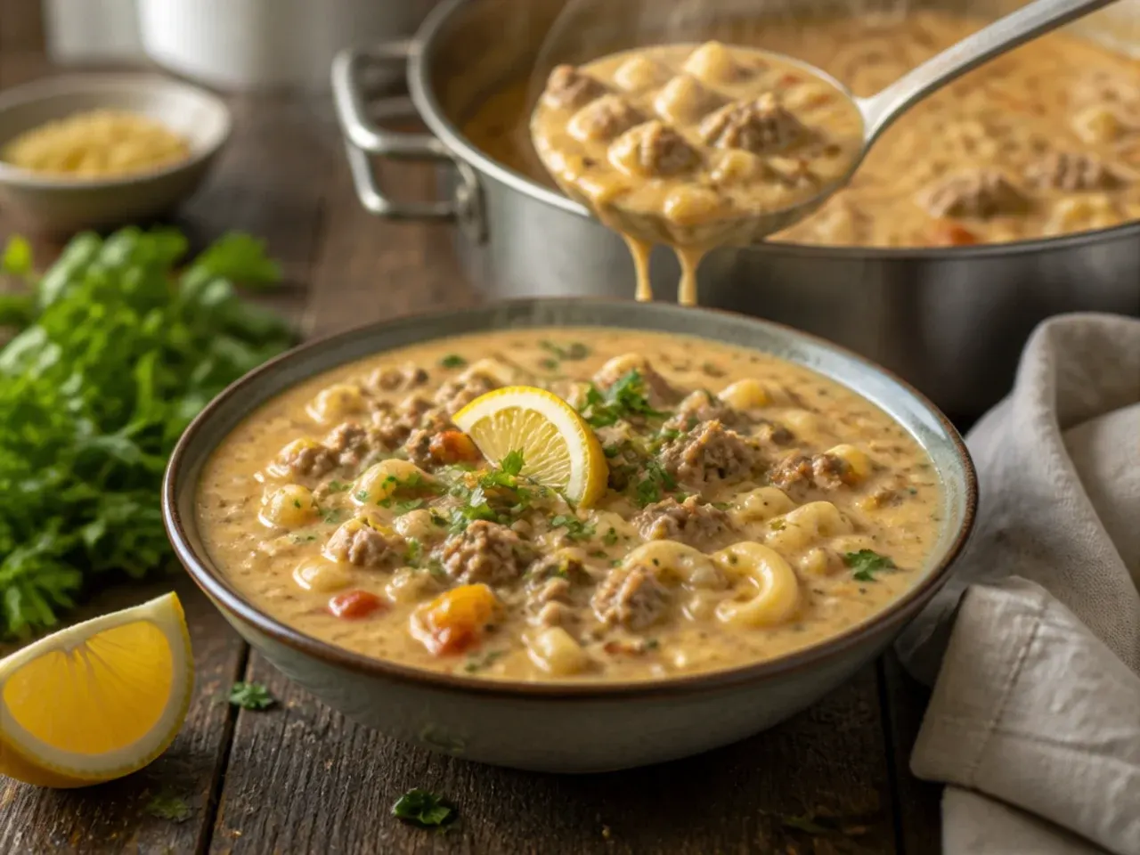 Velvety cream cheese cheeseburger macaroni soup in a rustic bowl