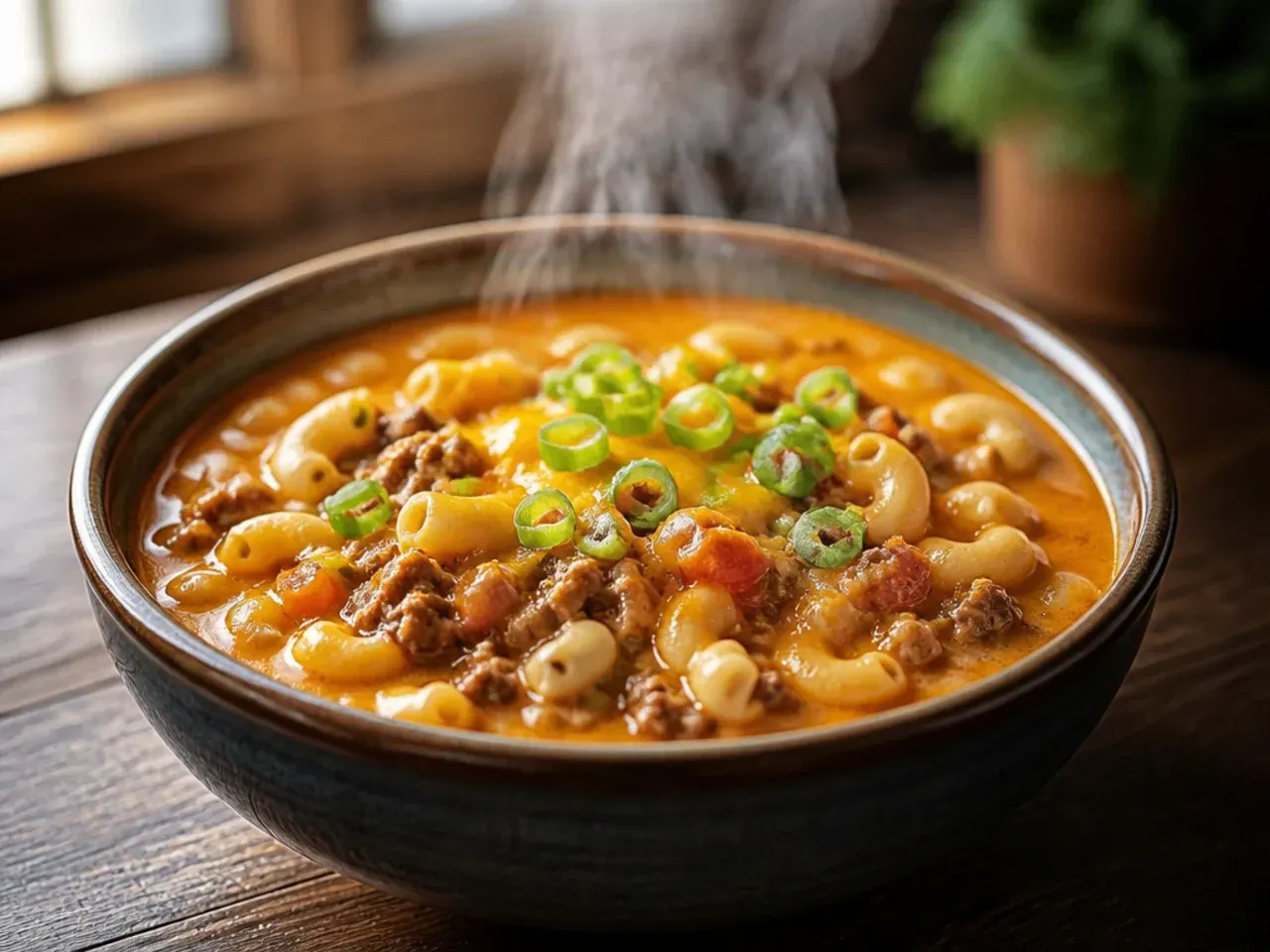 Pantry-staple cheeseburger macaroni soup with tinned and frozen ingredients nearby