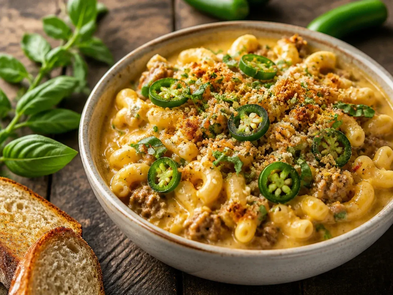 Jalapeno popper cheeseburger macaroni soup topped with crushed tortilla chips