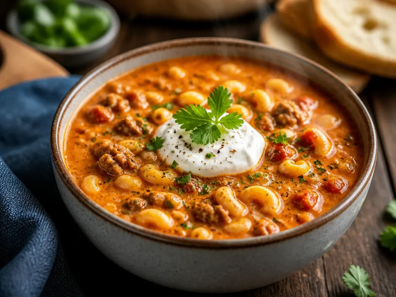 Tomato basil cheeseburger macaroni soup garnished with fresh basil leaves