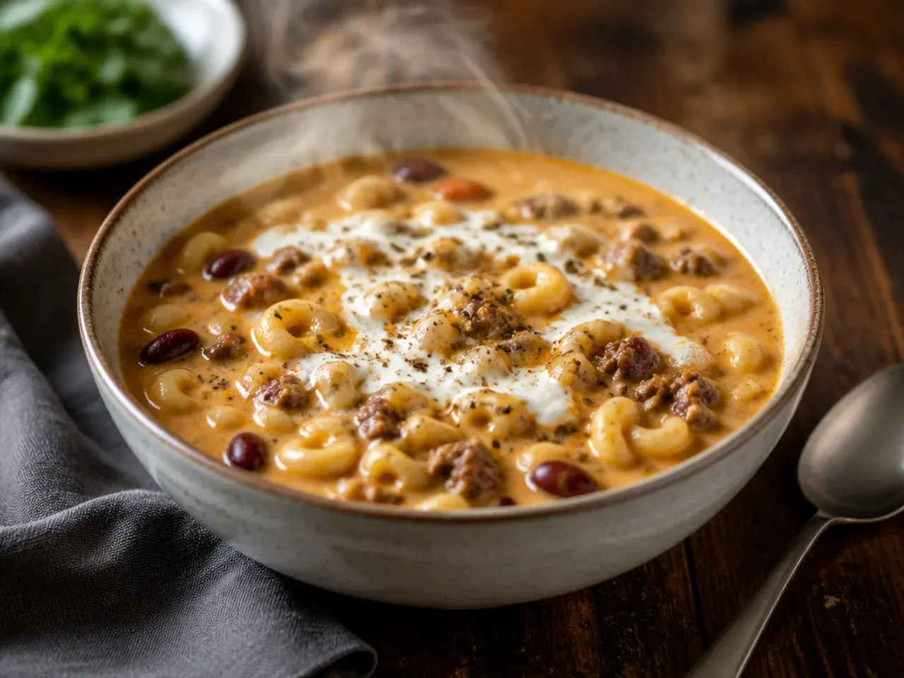 Beans and beef cheeseburger macaroni soup with visible black beans