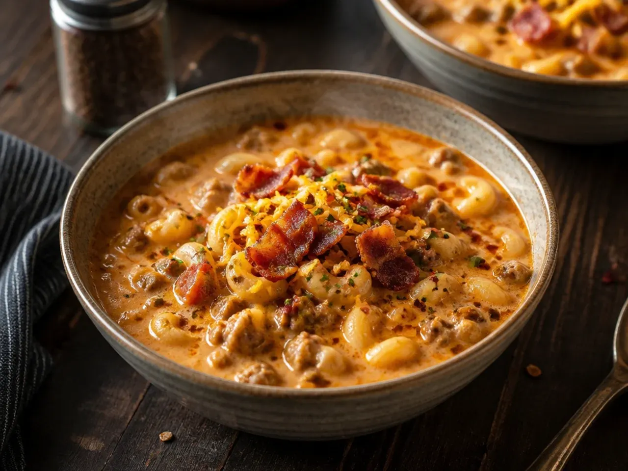 BBQ bacon cheeseburger macaroni soup drizzled with barbecue sauce