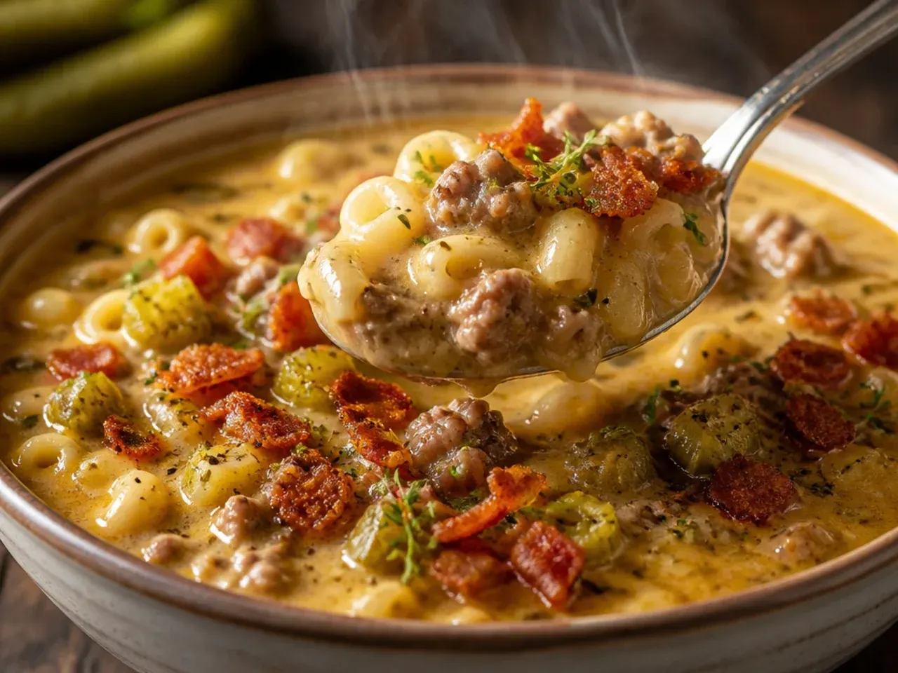 Cheeseburger macaroni soup topped with chopped dill pickles and a mustard swirl