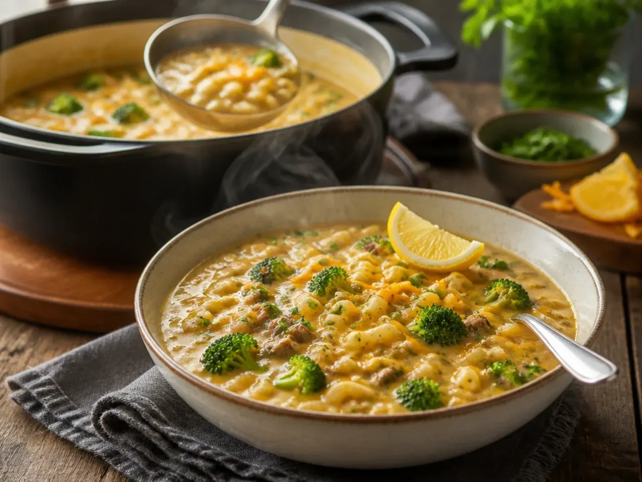 Broccoli cheddar cheeseburger macaroni soup with visible broccoli florets