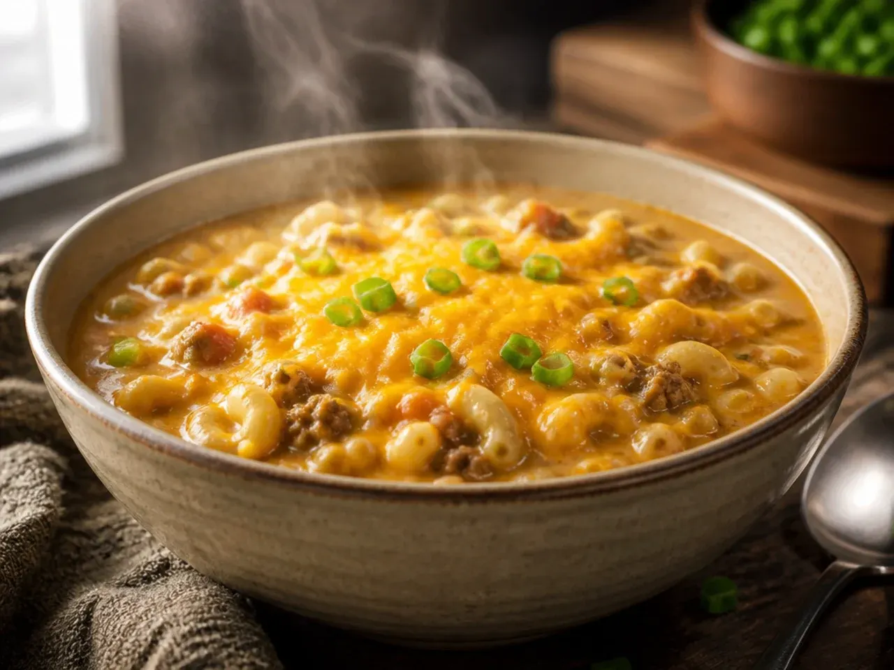 Double cheddar cheeseburger macaroni soup with two types of shredded cheese on top