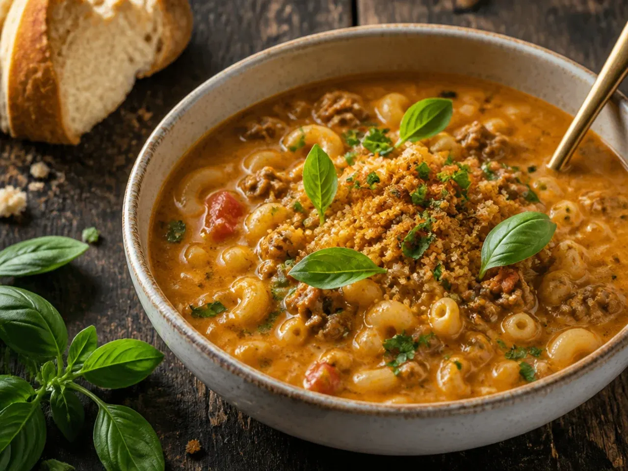 Gluten-free cheeseburger macaroni soup made with gluten-free elbow pasta