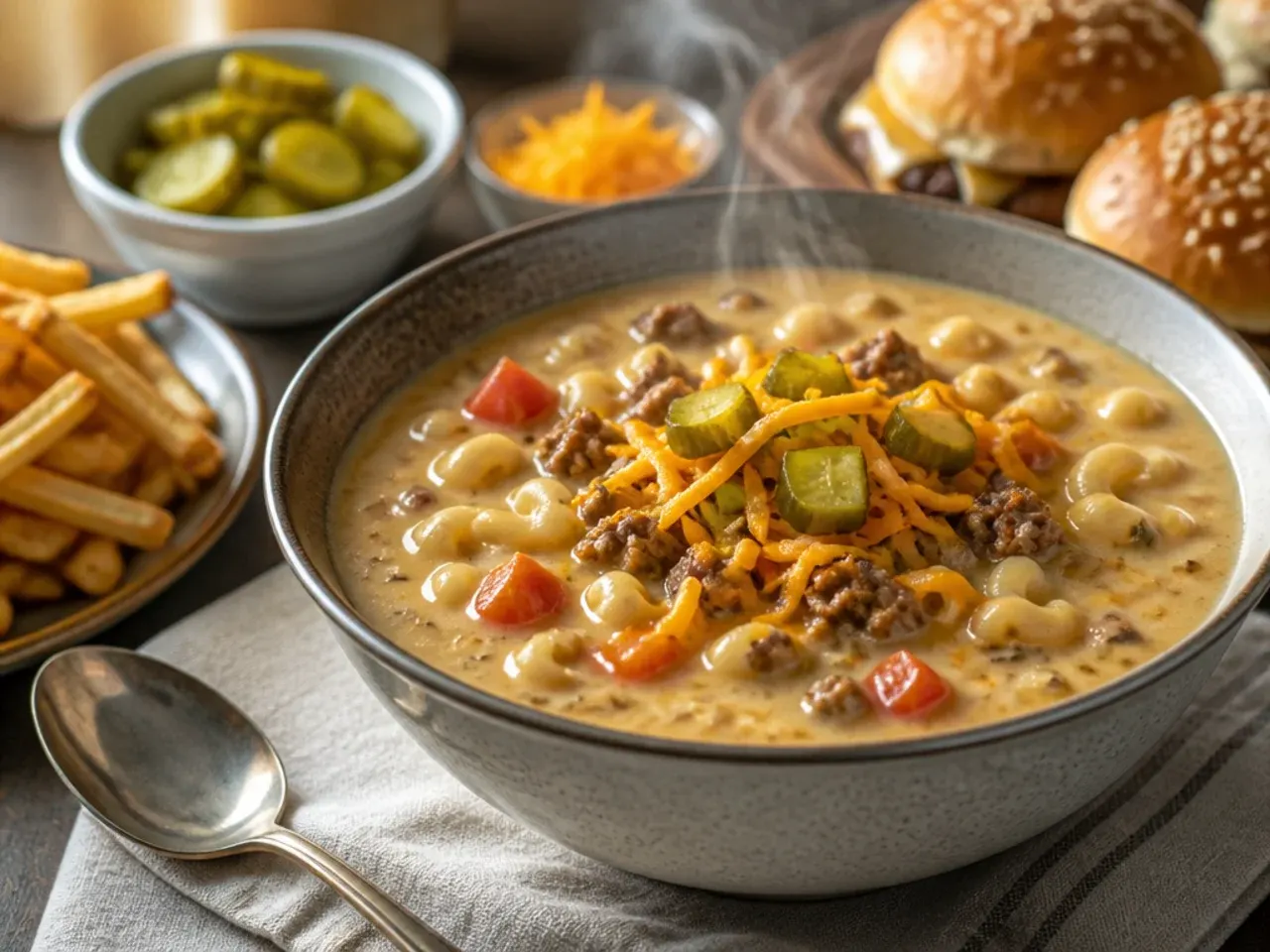 Bowl of cheeseburger macaroni soup served with garlic toast and a side salad