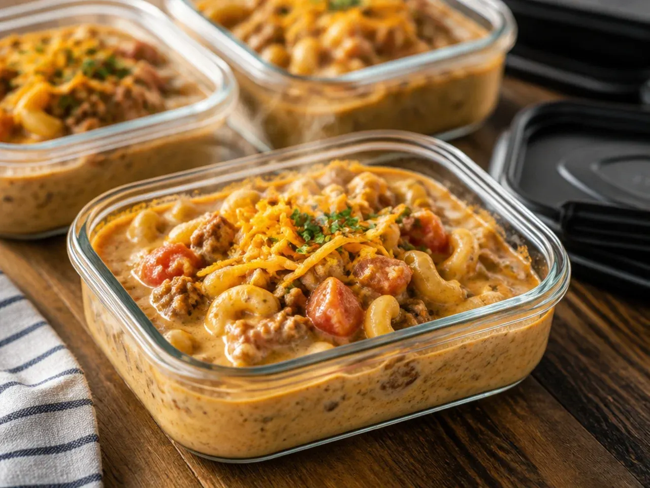 Airtight container of leftover cheeseburger macaroni soup in the fridge