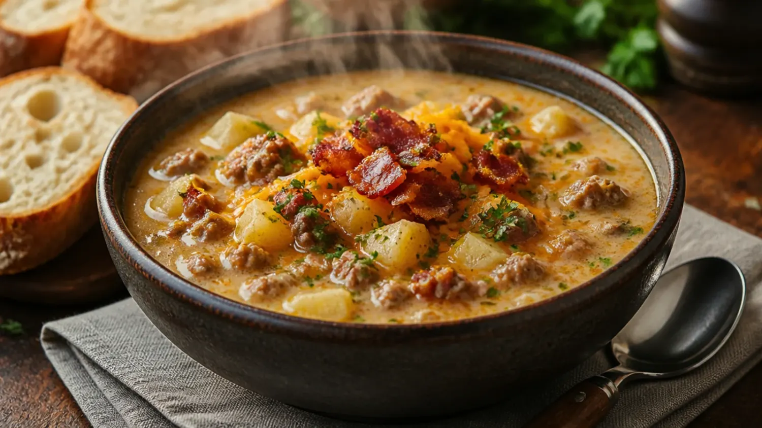 Overhead shot of a bowl of creamy cheeseburger potato soup topped with melted cheddar, crispy bacon and chopped chives