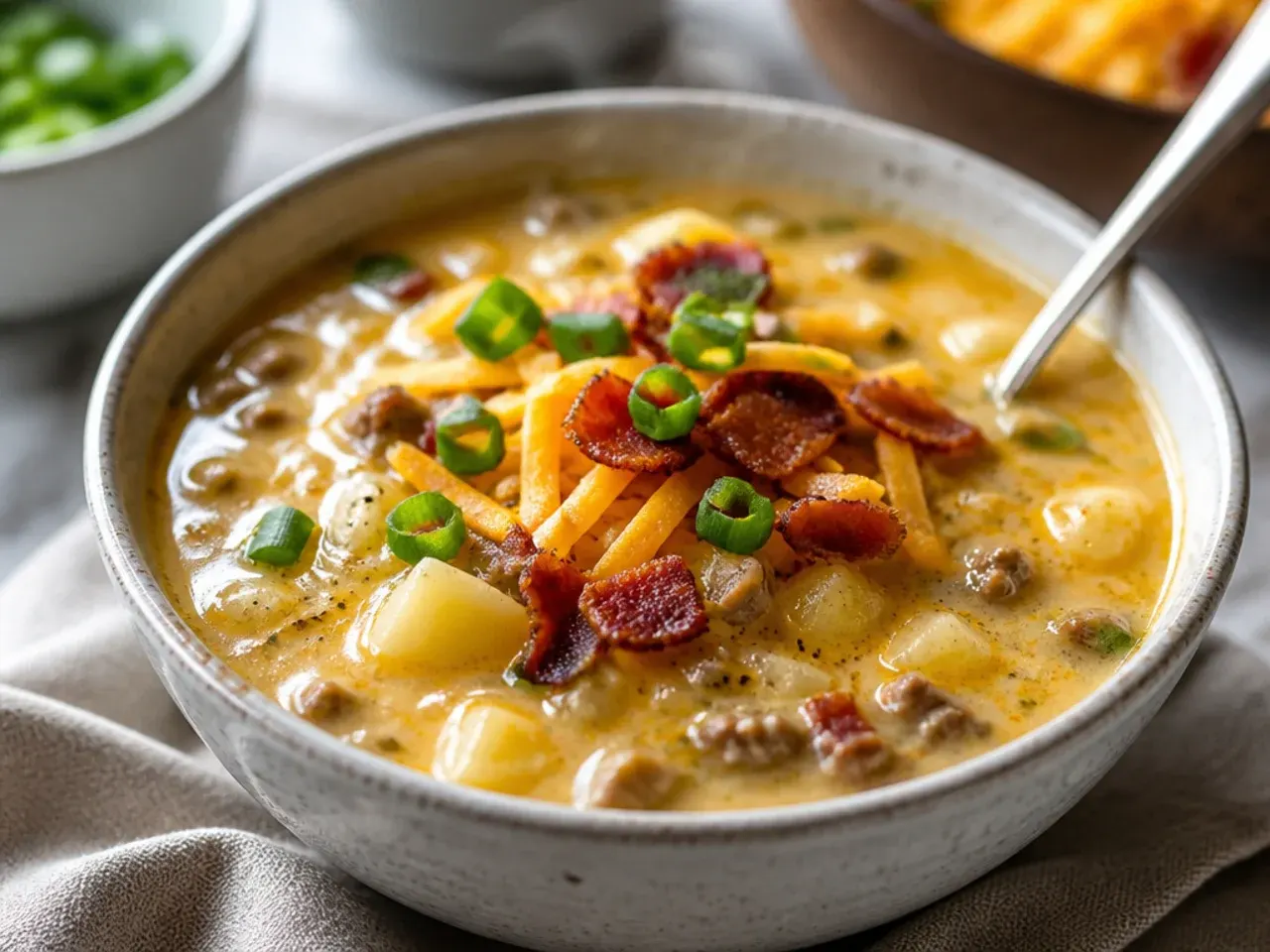 Family-style spread of cheeseburger potato soup in bowls surrounded by fresh ingredients like potatoes, beef and cheddar