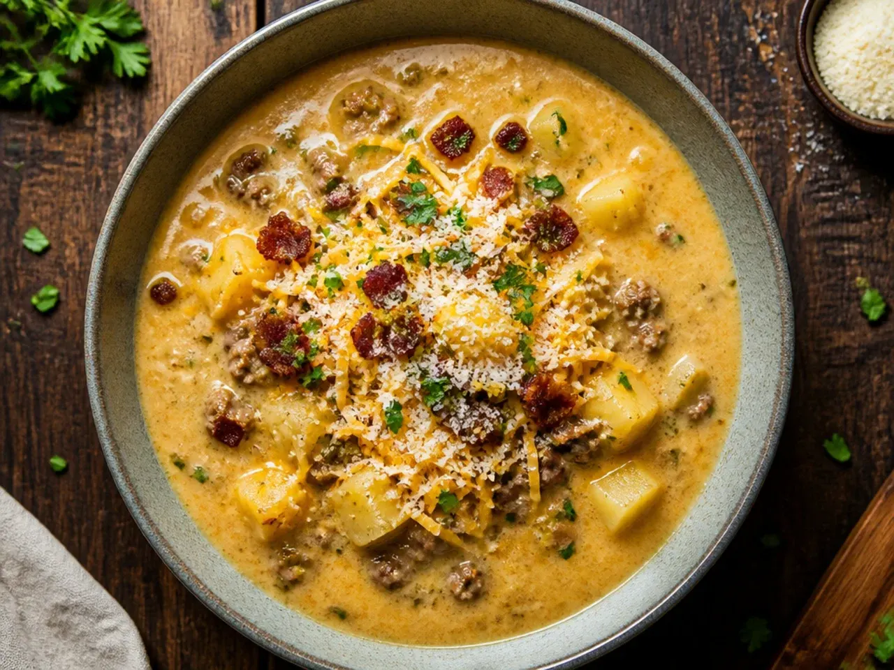 Bowl of classic cheeseburger potato soup with visible beef crumbles, diced potato and melted cheddar swirl