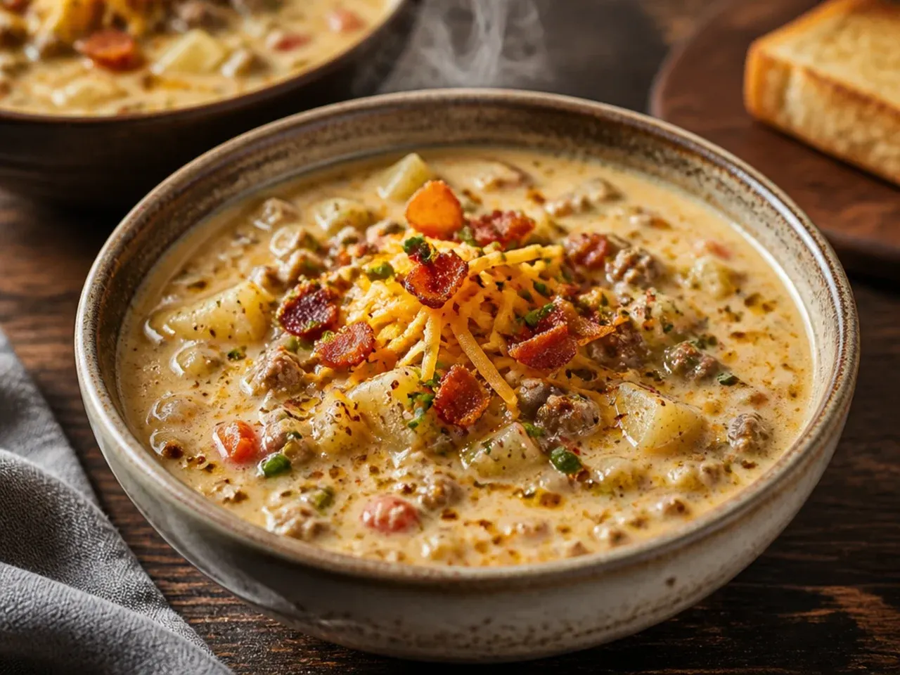 Quick weeknight cheeseburger potato soup in a single pot with a wooden spoon resting on the rim