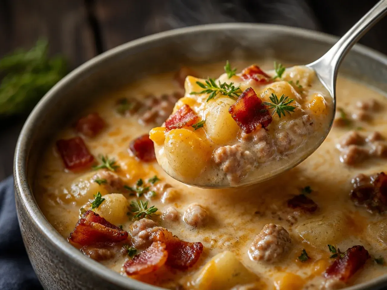 Extra-thick hearty cheeseburger potato soup served in a deep bowl with crusty bread on the side
