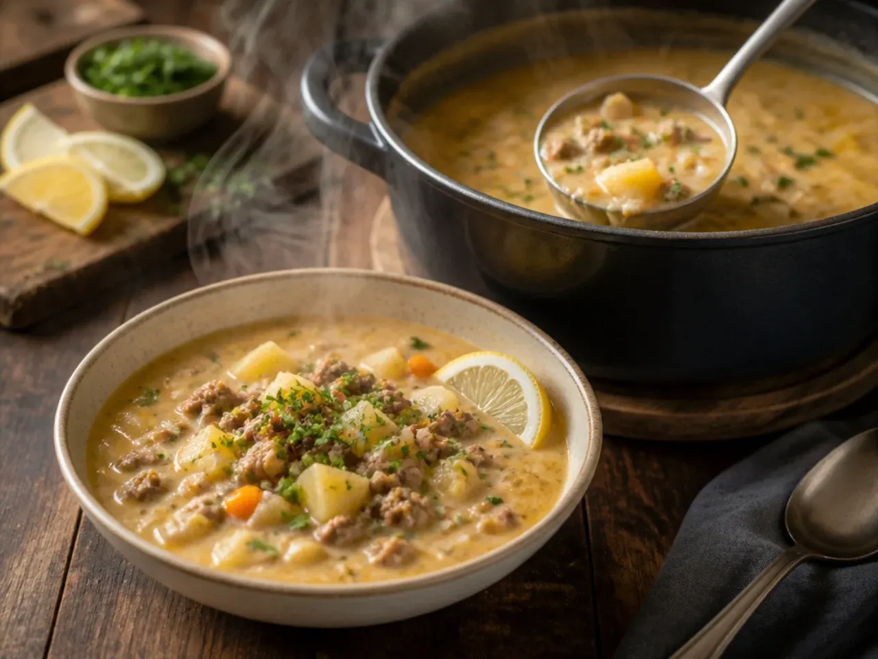 Steaming bowl of cozy cheeseburger potato soup topped with crispy fried onions on a rustic wooden table