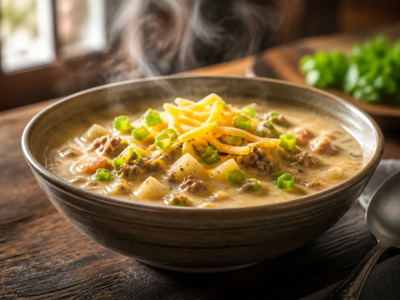 Close-up of ultra-creamy cheeseburger potato soup being poured from a ladle, showing a silky smooth texture