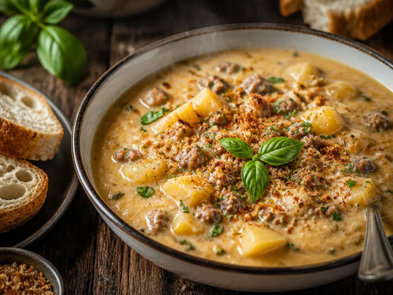 Simple seven-ingredient cheeseburger potato soup in a plain white bowl with a spoon