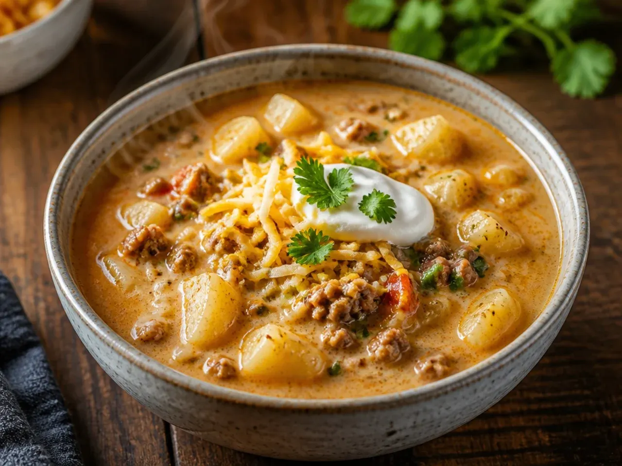 Extra cheesy cheeseburger potato soup with a stretchy cheese pull lifted from the bowl with a spoon