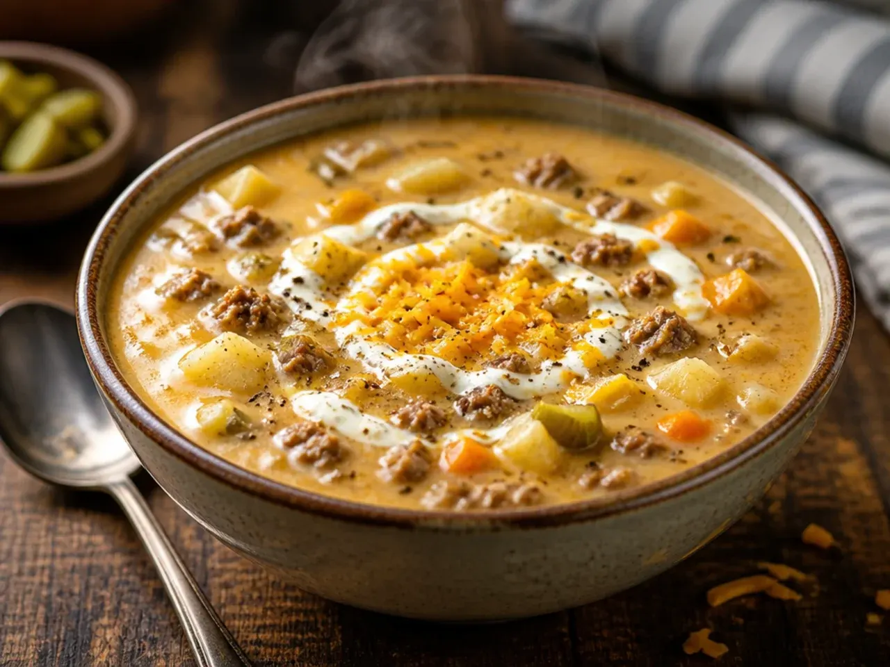 Comforting cheeseburger potato soup served in a hollowed-out bread bowl topped with sour cream and chives