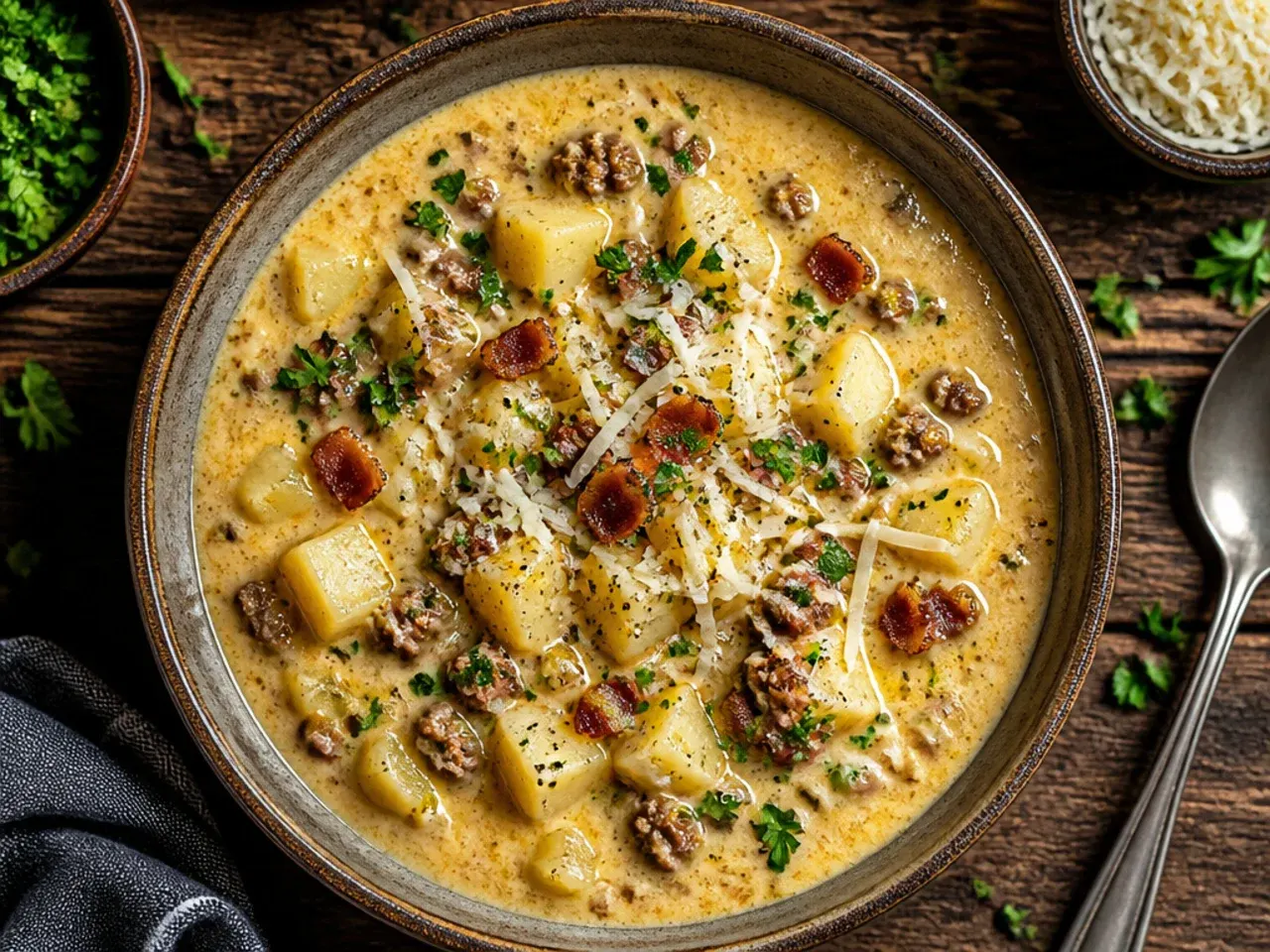 Large pot of budget-friendly cheeseburger potato soup with simple pantry ingredients laid out beside it