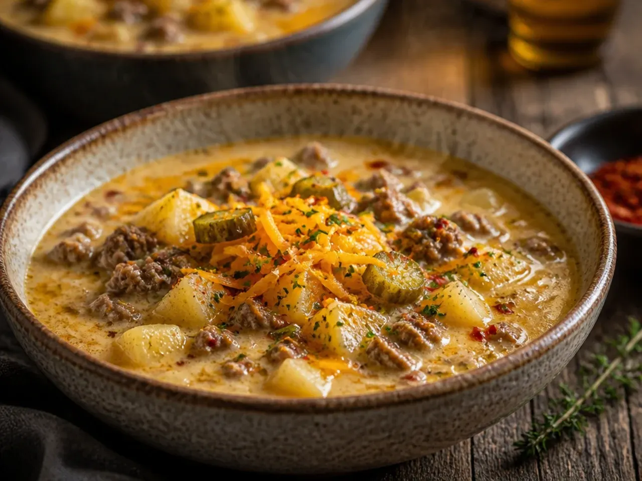 Electric pressure cooker pot filled with finished cheeseburger potato soup ready to be ladled out