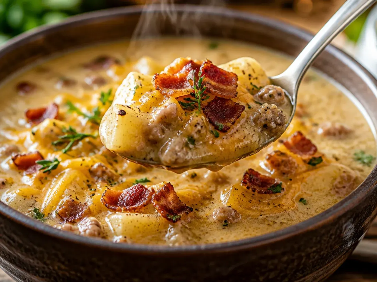 Rustic chunky cheeseburger potato soup with visible skin-on potato pieces in a stoneware bowl
