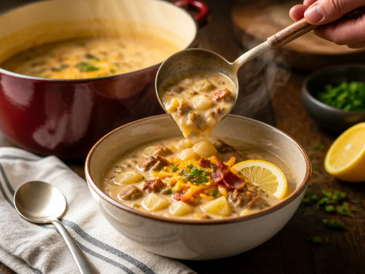 Loaded cheeseburger potato soup topped with diced pickles, tomato, bacon, cheese and a drizzle of burger sauce