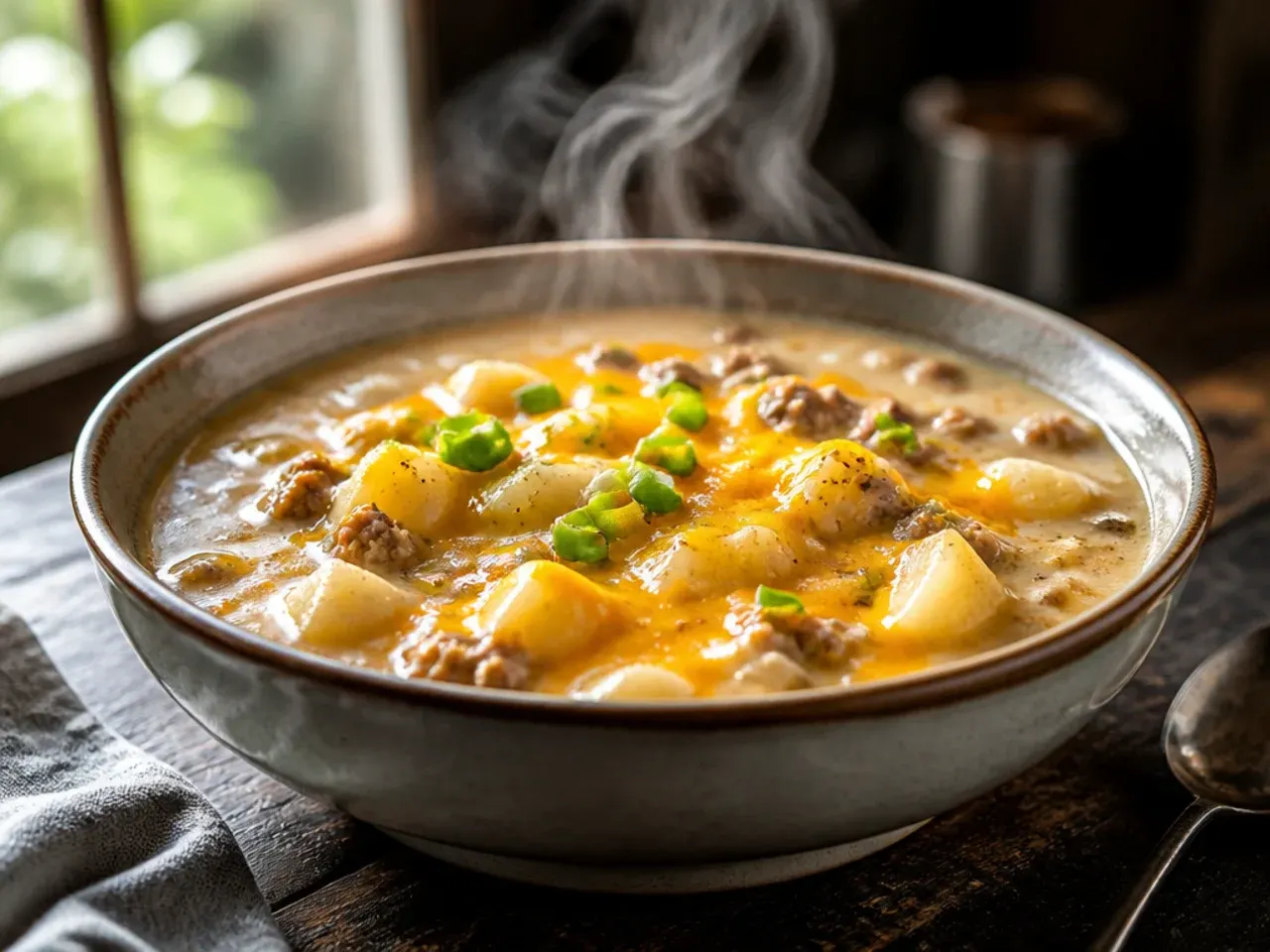 Kid-friendly cheeseburger potato soup in a small bowl with a spoon, mild and smooth in texture