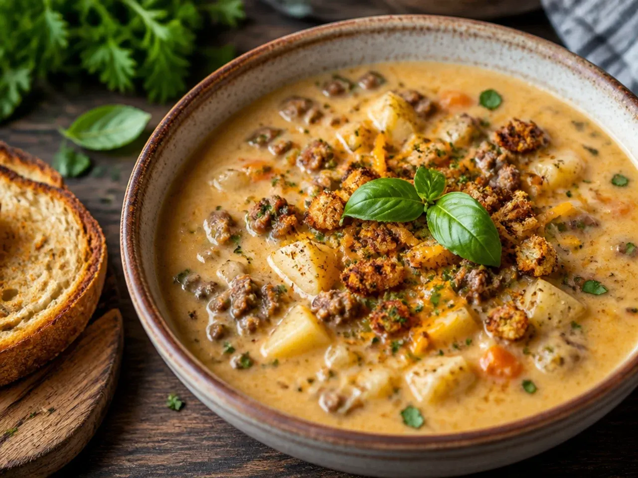 Rich best-ever cheeseburger potato soup garnished with a double cheddar blend and fresh herbs