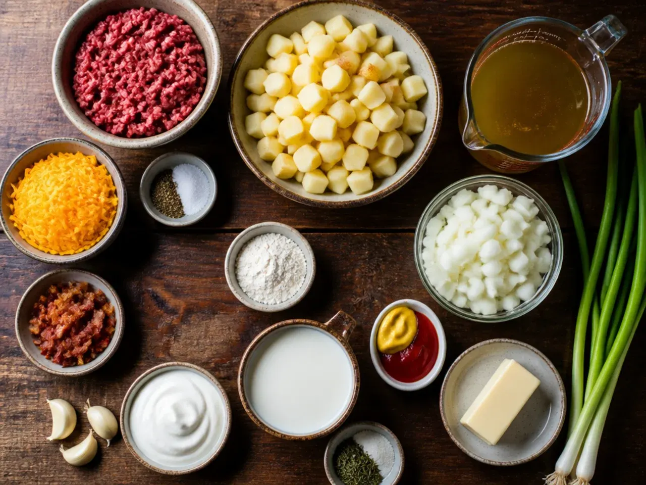 Hands shredding a block of cheddar cheese on a grater over a pot of cheeseburger potato soup