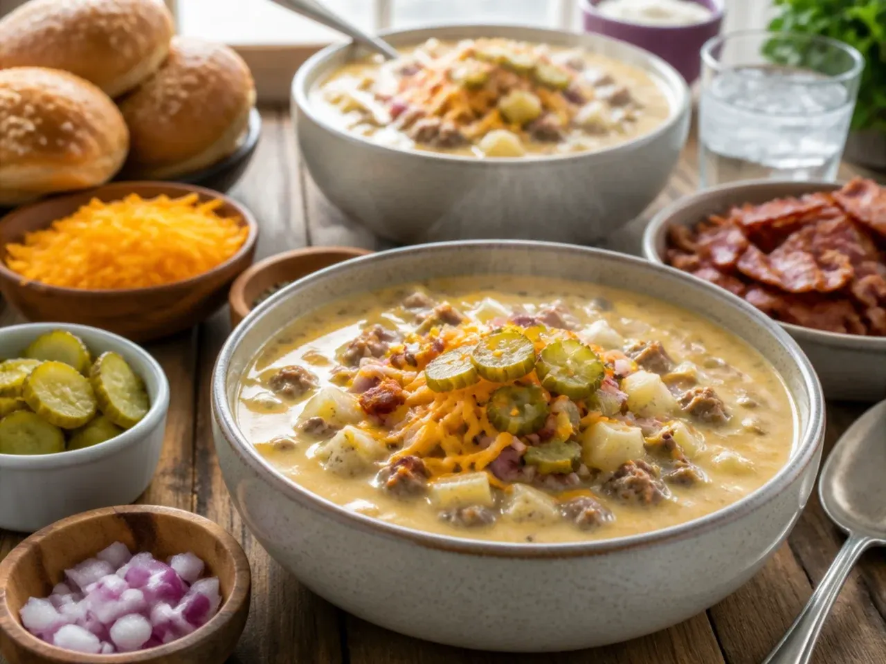 Table set with a bowl of cheeseburger potato soup, garlic bread, side salad and small topping bowls