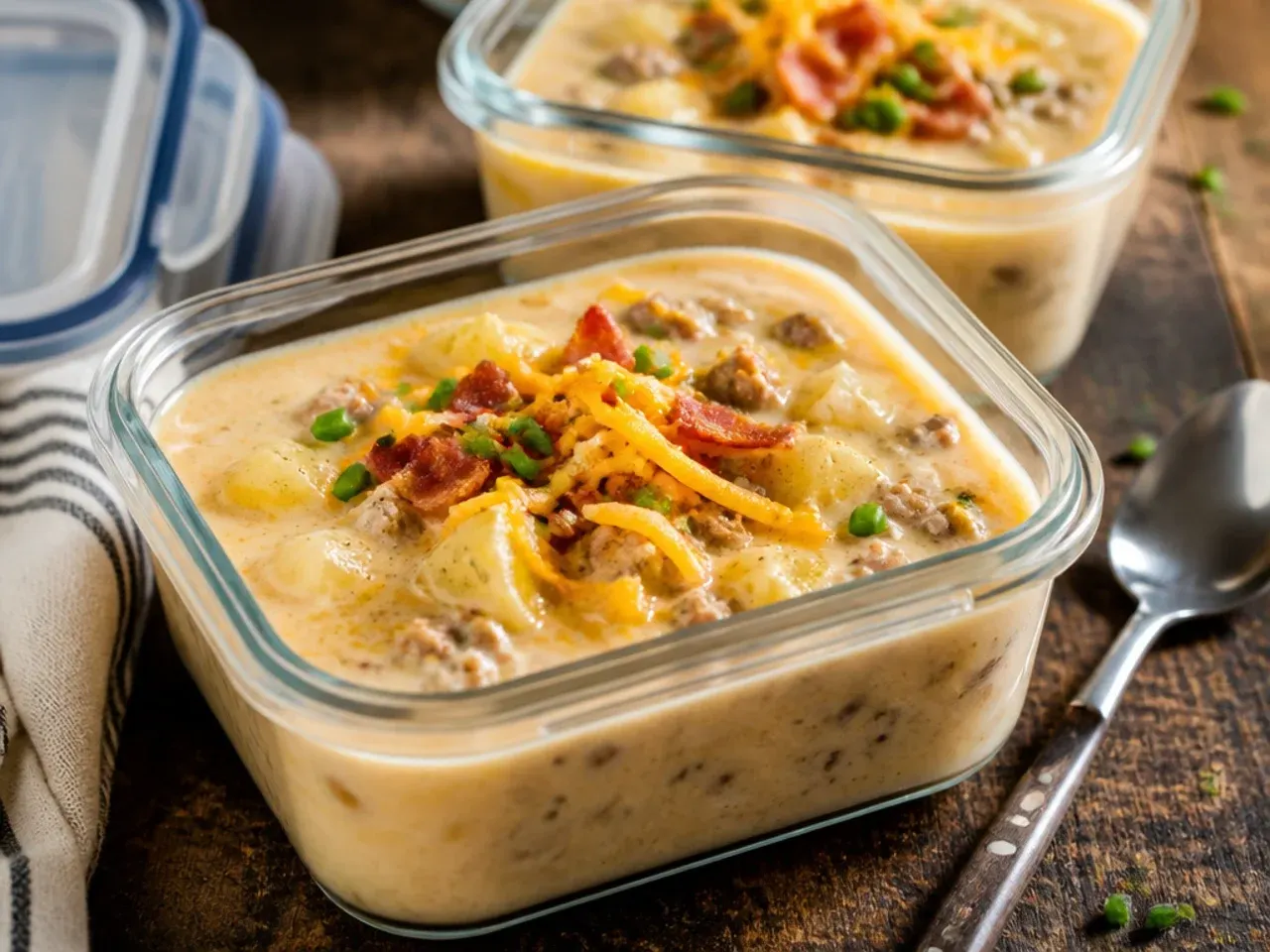 Cheeseburger potato soup portioned into airtight containers ready for the fridge or freezer
