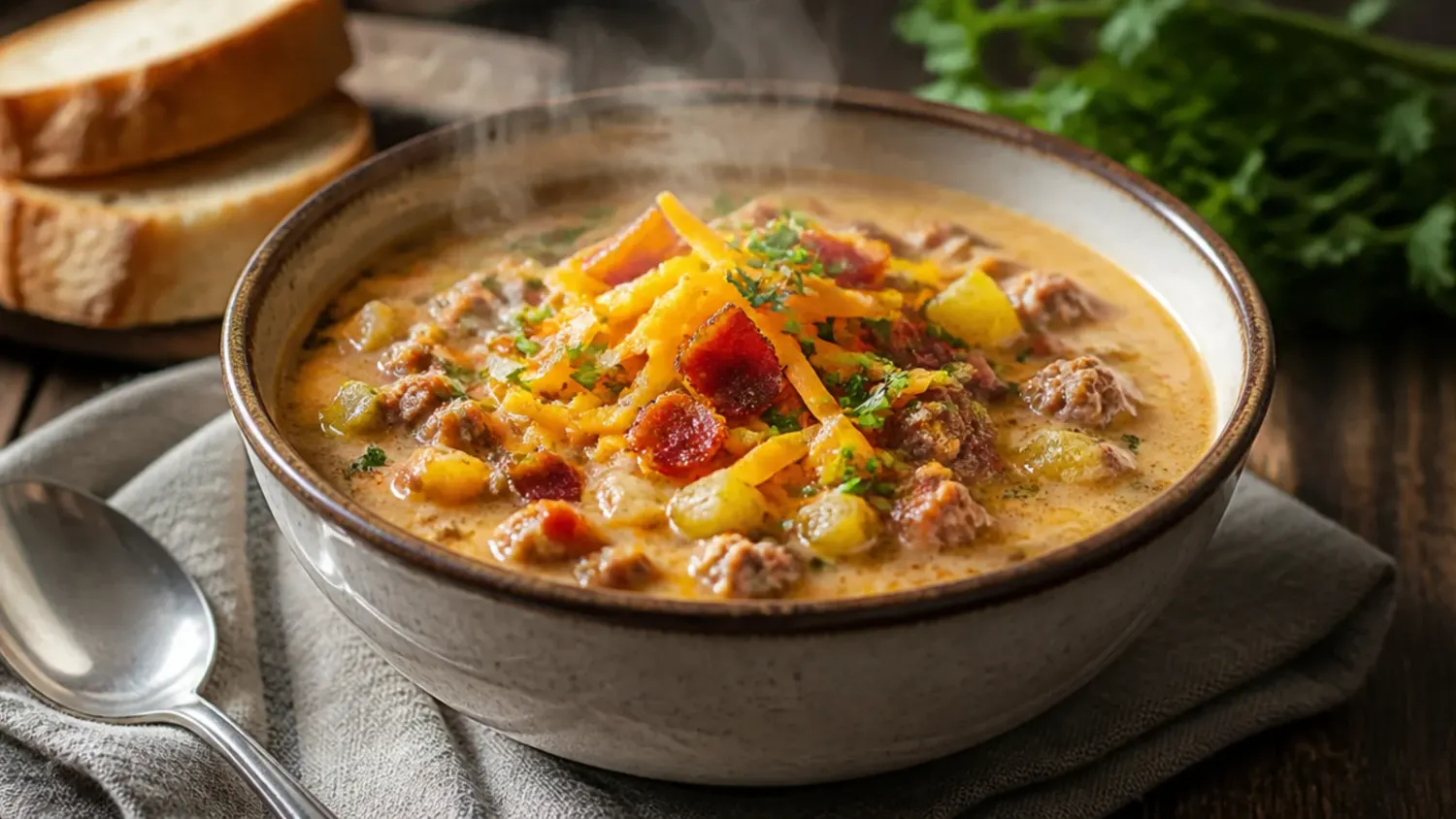 Overhead view of a crockpot filled with creamy cheeseburger soup with ground beef, potatoes and melted cheese, topped with crispy bacon and spring onion