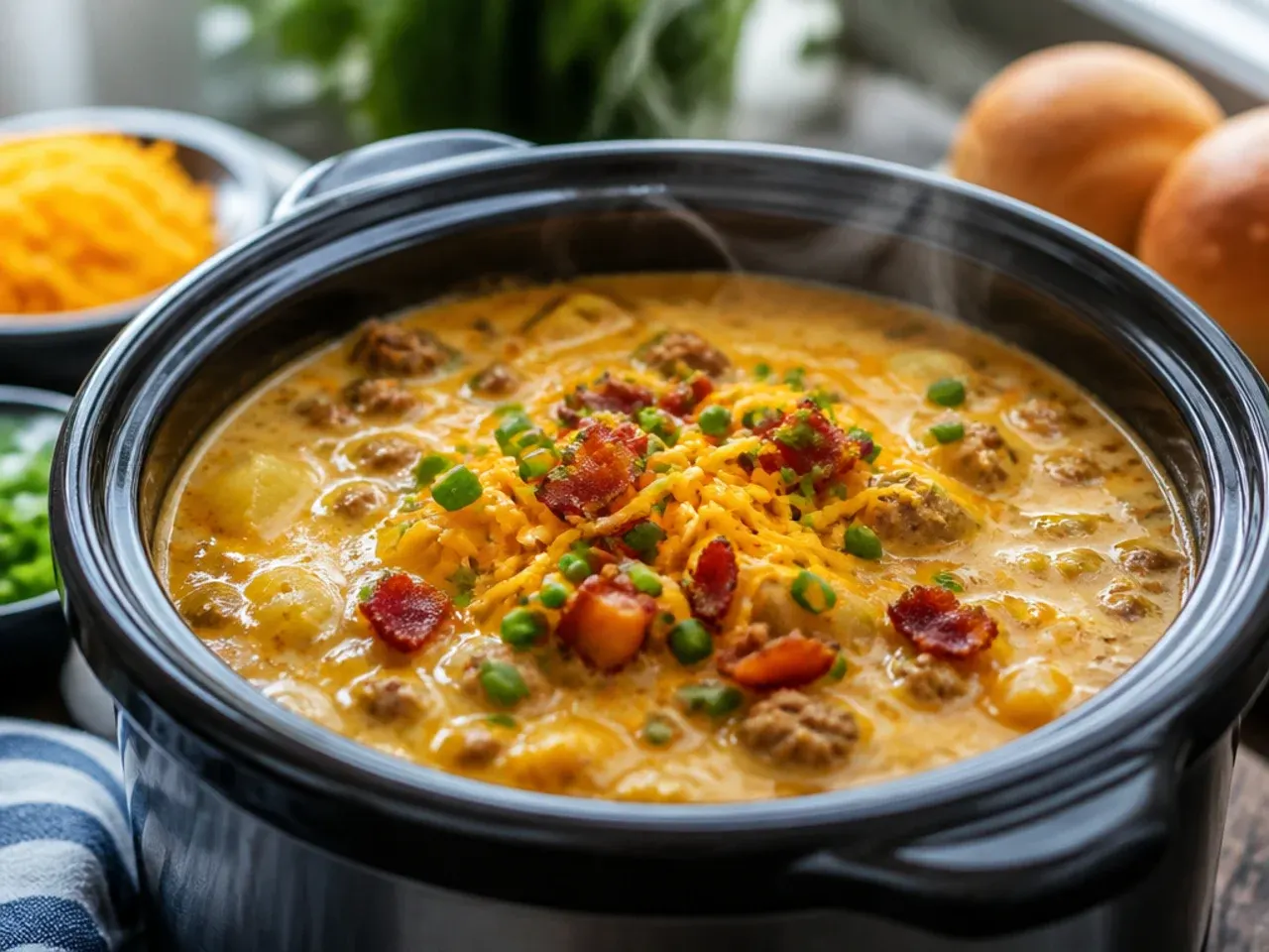 Crockpot of cheeseburger soup with beef, potatoes and melted cheese ready to serve