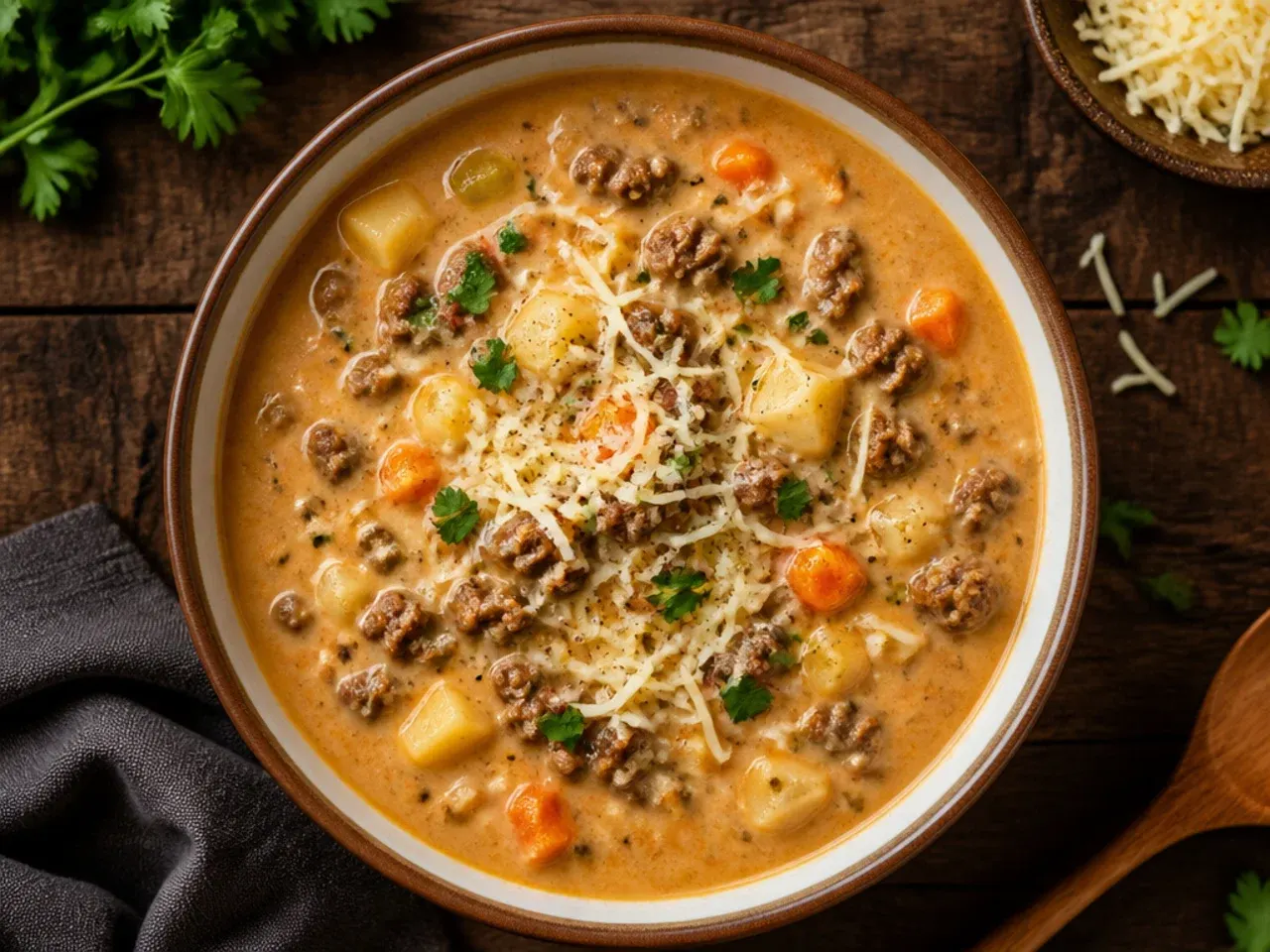 Bowl of classic cheeseburger soup crockpot with beef, potato and melted cheese