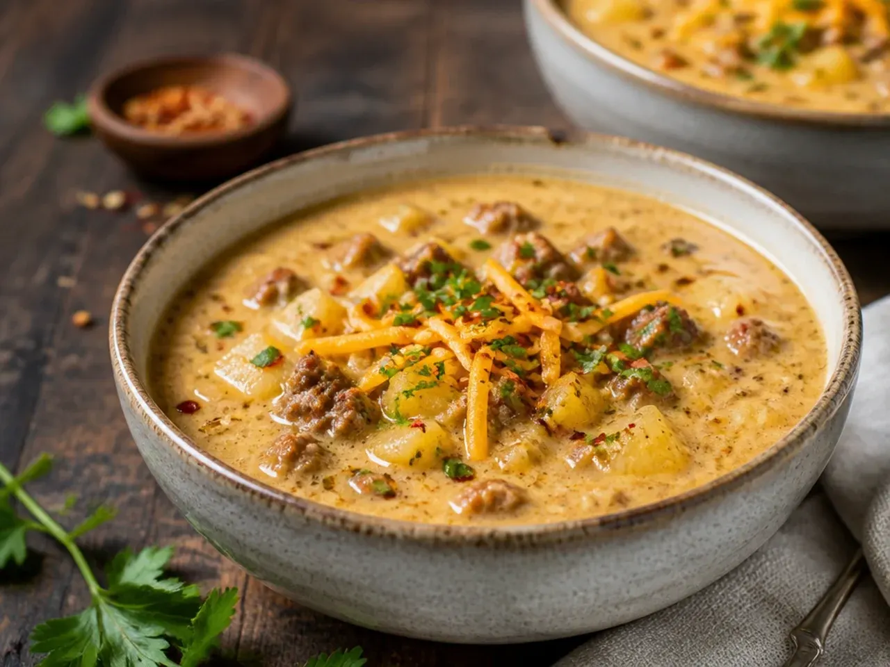 Quick five-ingredient cheeseburger soup crockpot dinner in a bowl
