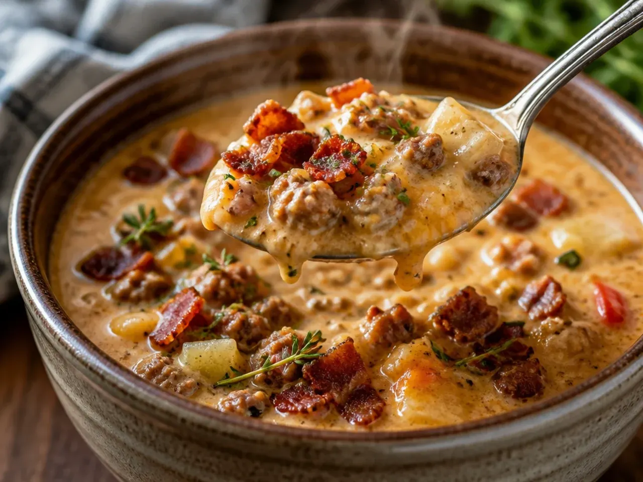 Hearty bacon cheeseburger soup crockpot topped with crispy bacon crumbles
