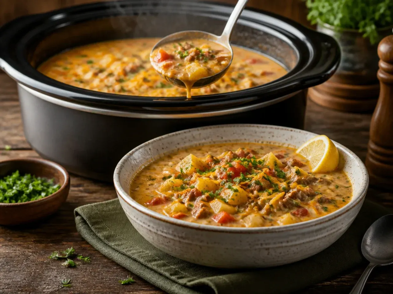 Cozy autumn vegetable cheeseburger soup crockpot with butternut squash
