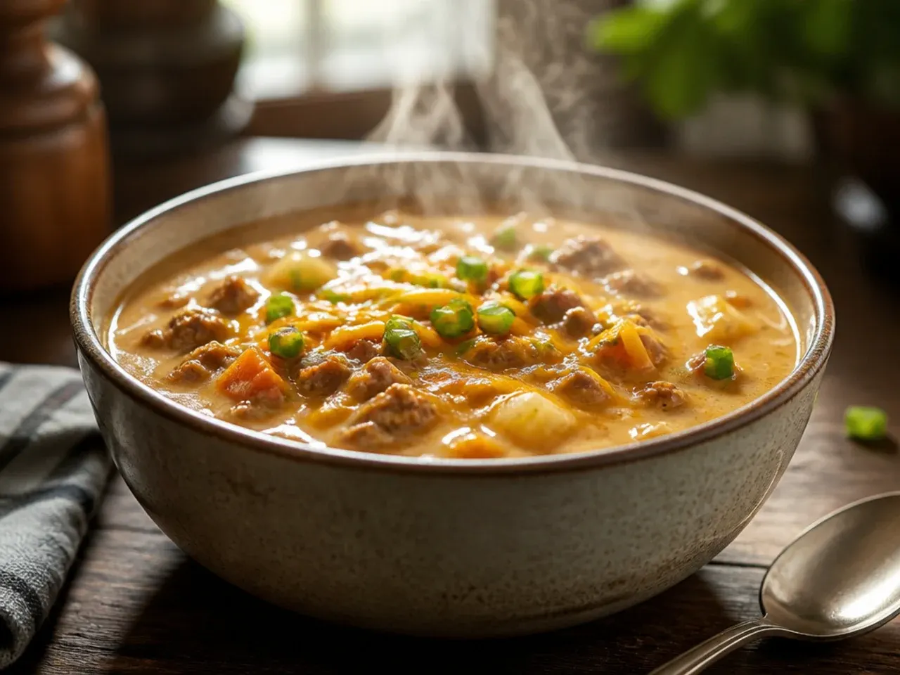 Extra creamy Velveeta cheeseburger soup crockpot being ladled from the pot