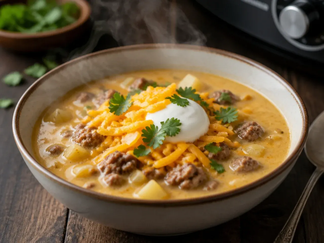 Cheesy double-cheddar cheeseburger soup crockpot with melted cheese swirl