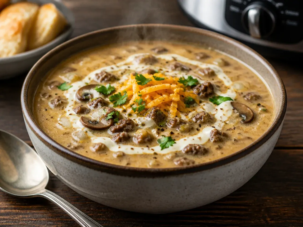 Comforting mushroom swiss cheeseburger soup crockpot with melted Gruyère