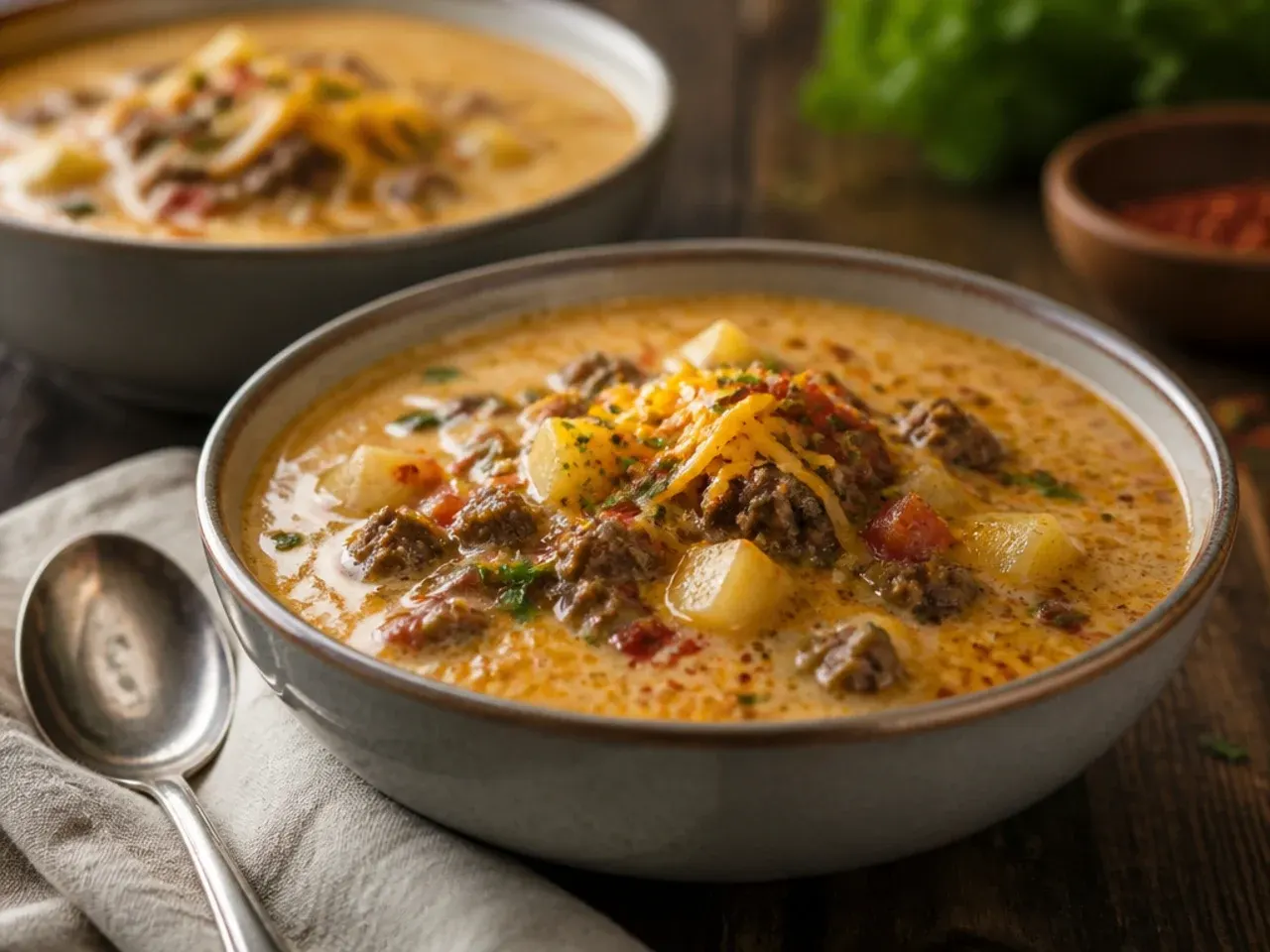 Weeknight four-hour cheeseburger soup crockpot ready to serve
