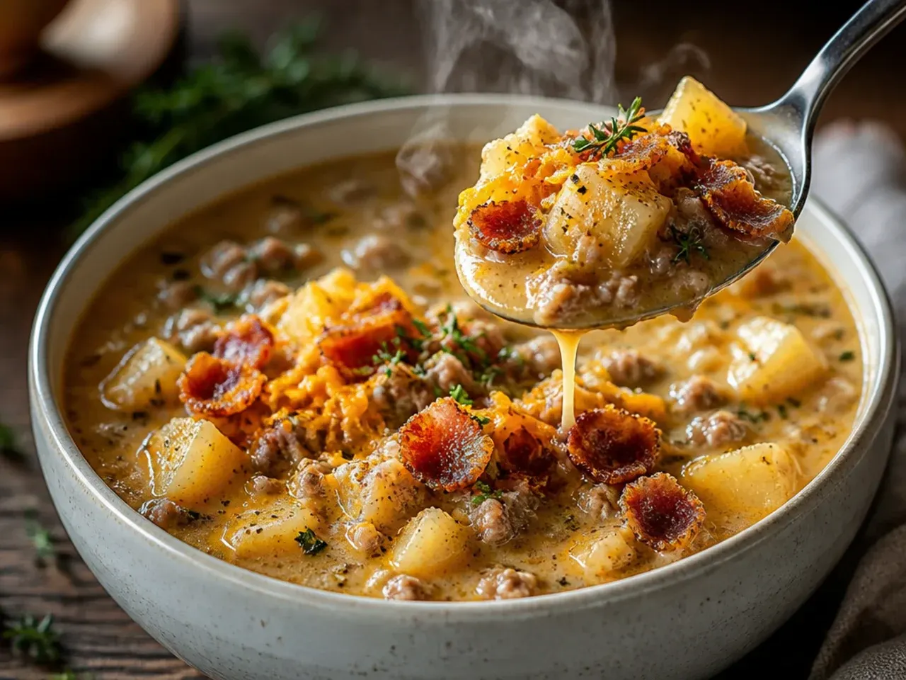 Rustic chunky potato cheeseburger soup crockpot with skin-on potatoes