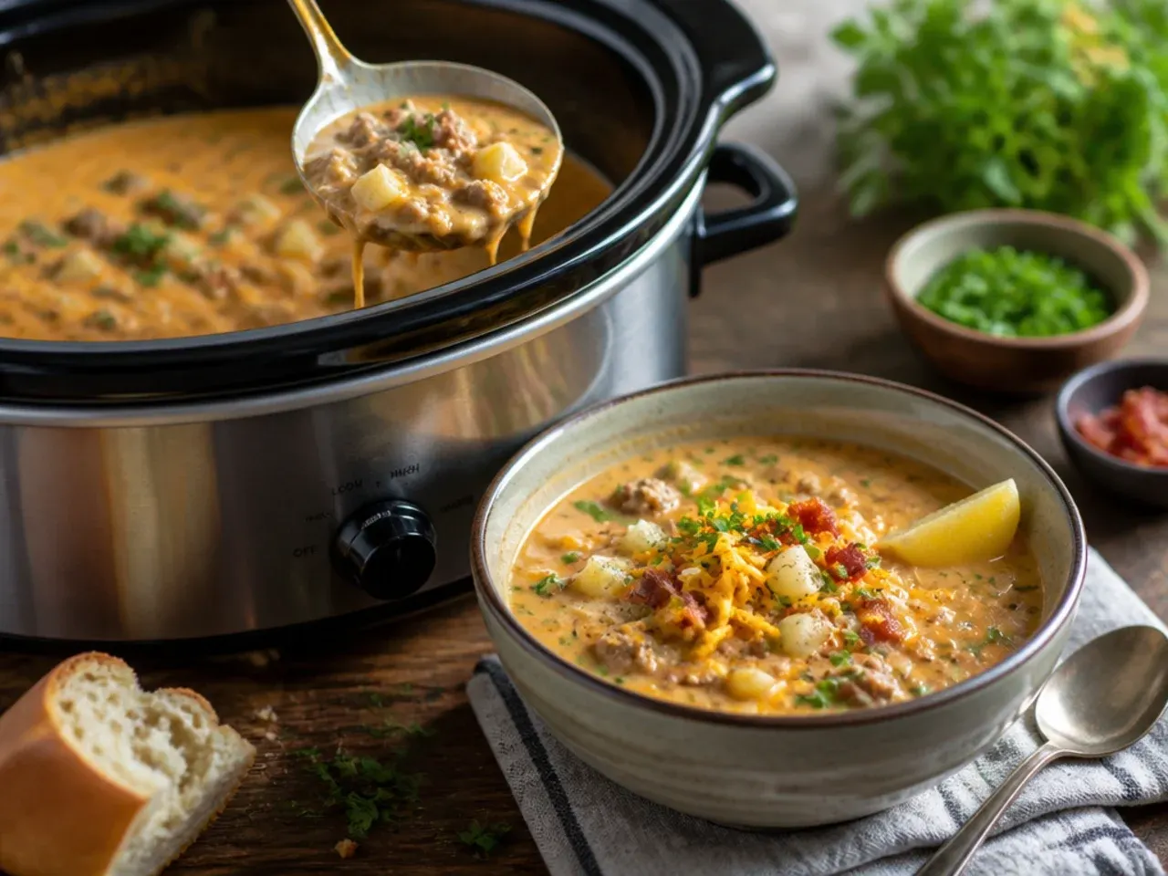 Loaded baked-potato cheeseburger soup crockpot topped with bacon and soured cream