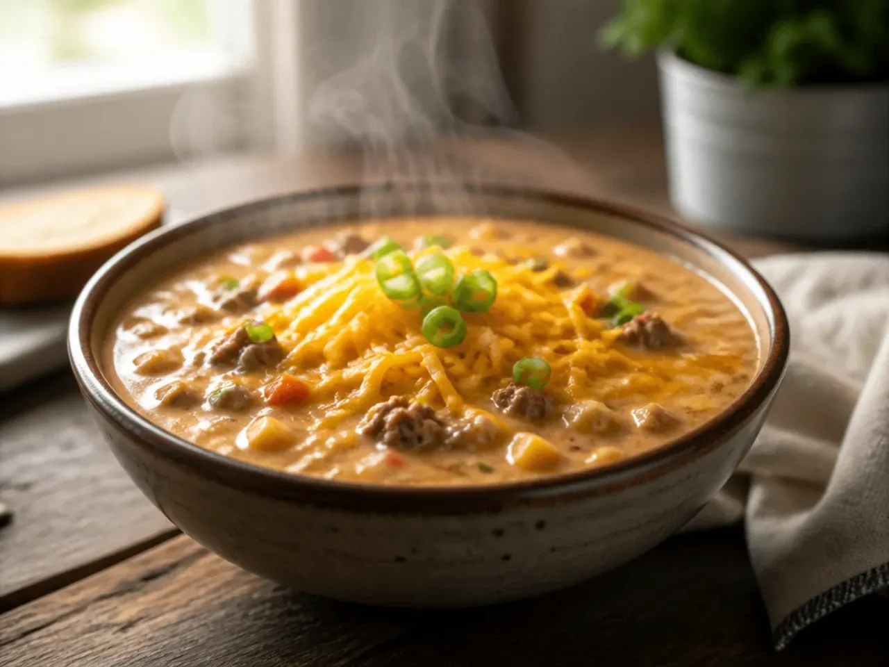 Large pot of family-size cheeseburger soup crockpot serving a crowd