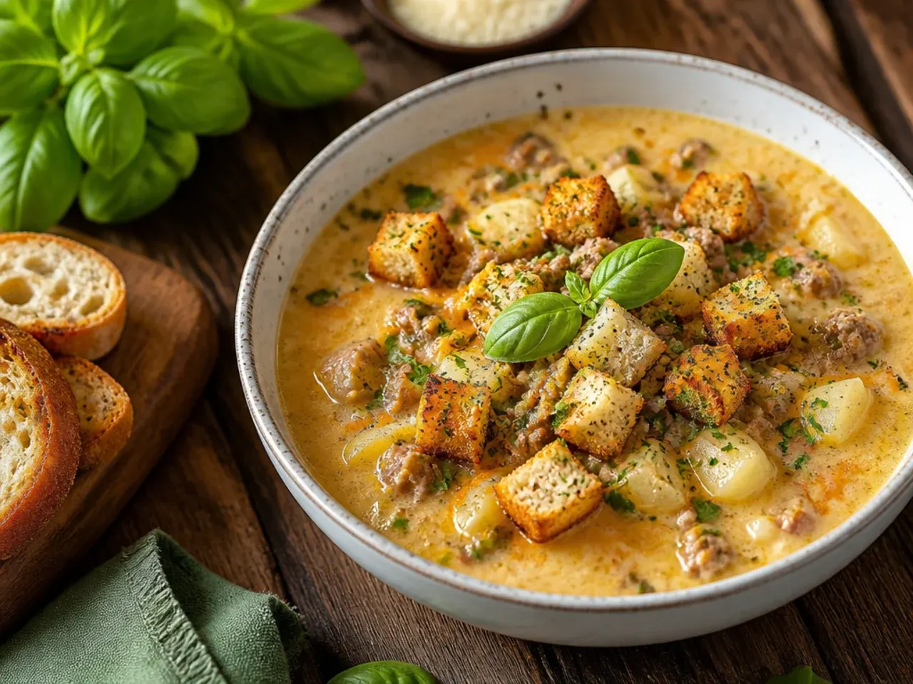 Best-ever award-winning cheeseburger soup crockpot garnished with cheese