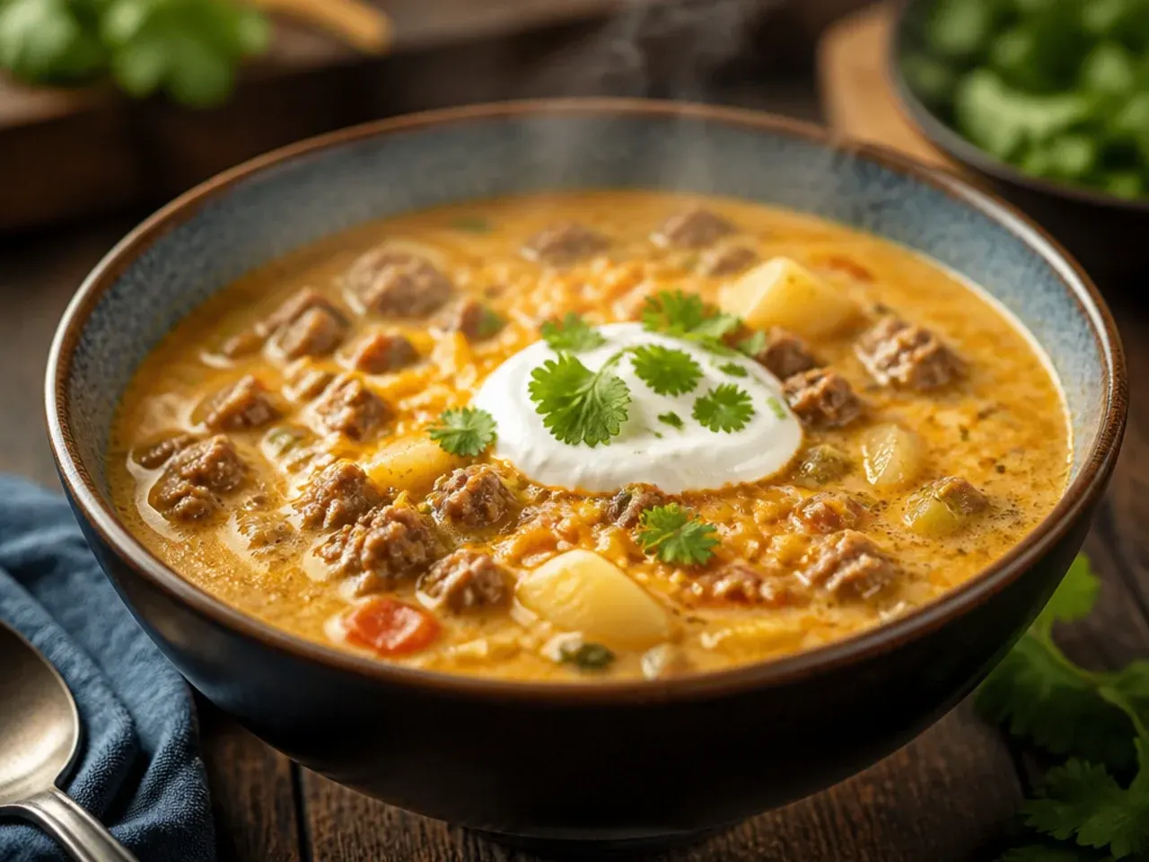 One-pot stovetop-finish cheeseburger soup crockpot simmering in a Dutch oven